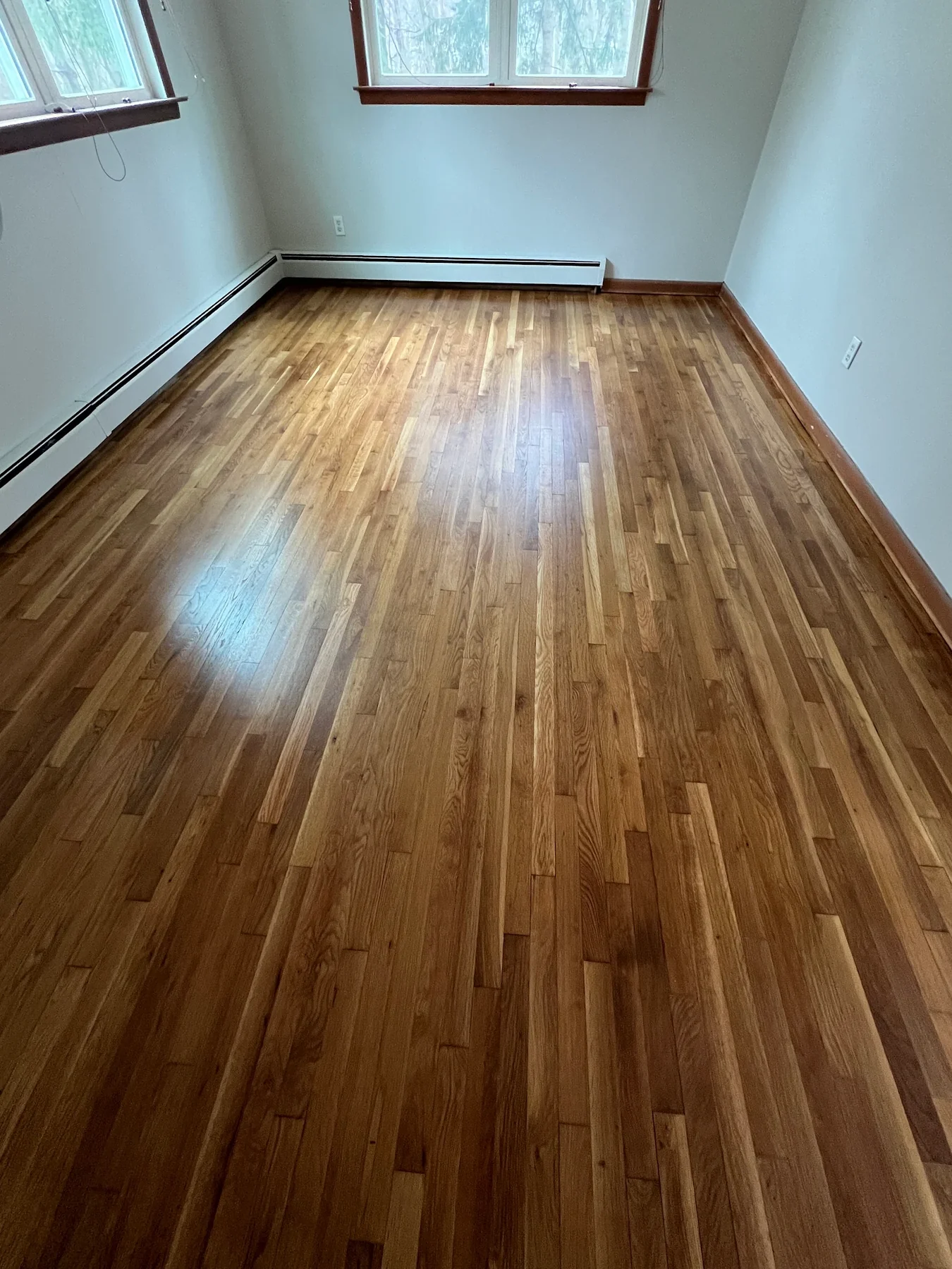 Refinished oak hardwood floor in a bright room